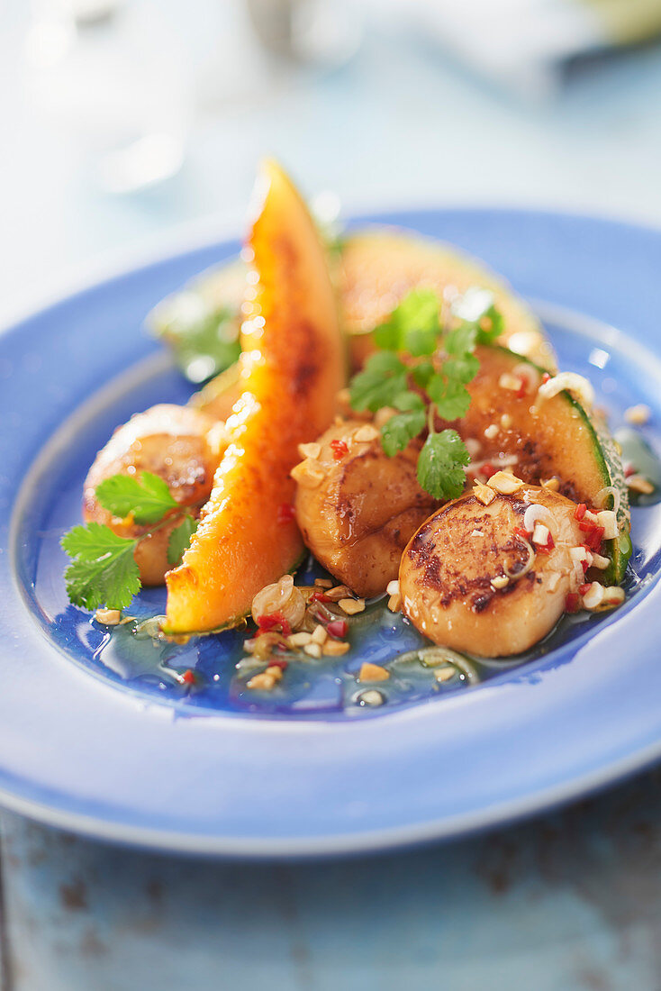 Smoked scallops, grilled melon, lime and coriander