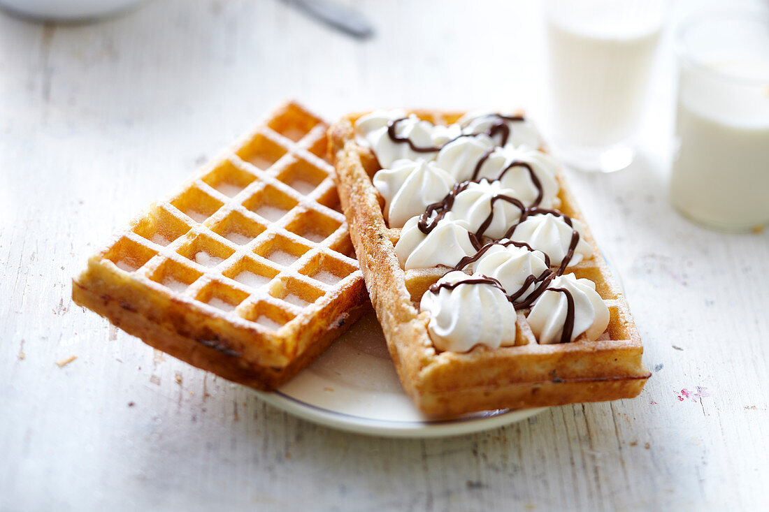Whipped cream-chocolate and sugar Brussels waffles