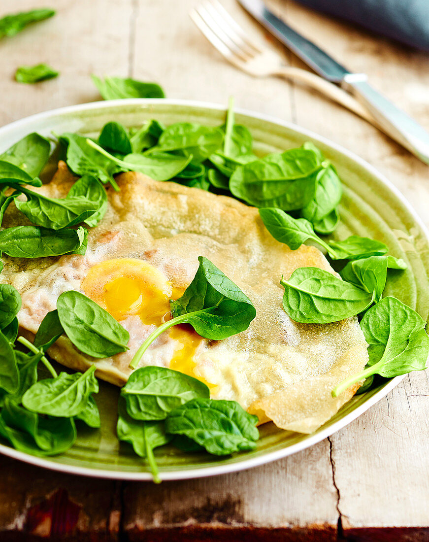 Egg Brick with fresh baby spinach