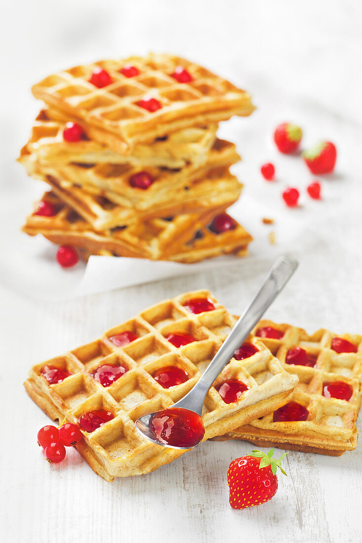 Waffles with strawberry and redcurrant jam