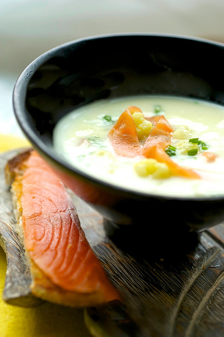 Cream of white asparagus soup with smoked salmon