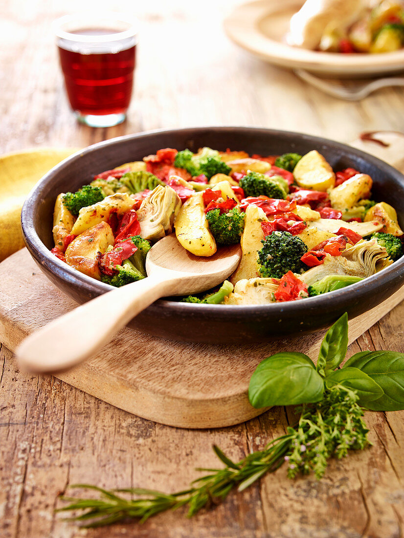 Broccoli,tomato,potato and artichoke stir-fry