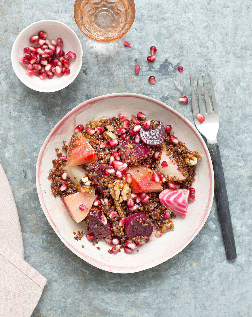 Quinoa,beetroot,walnut and pomegranate seed salad