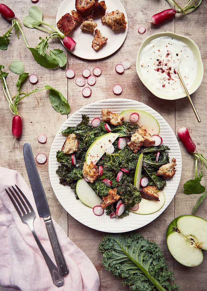 Grilled kale cabbage, Paprika croutons, radishes and granny Smith apple with yoghurt sauce