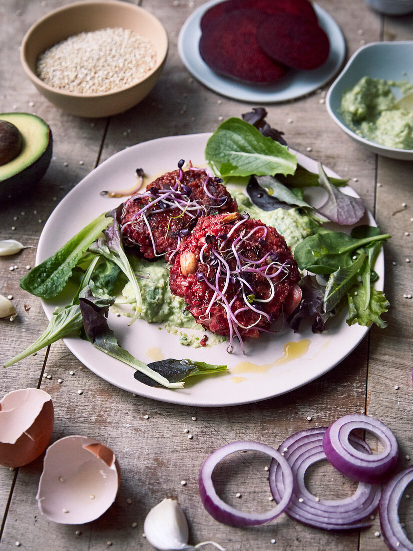 Quinoa-beetroot patties,avocado sauce