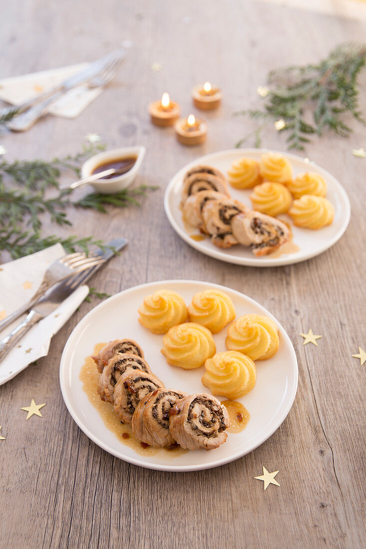 Turkey Ballotin And Mixed Mushrooms With Duchesse Potatoes