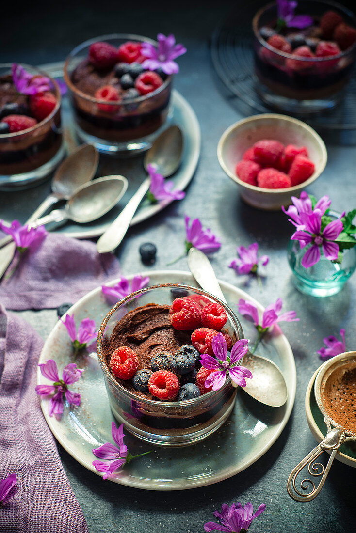 Chocolate mousse with blackcurrant jam, blueberries and raspberries