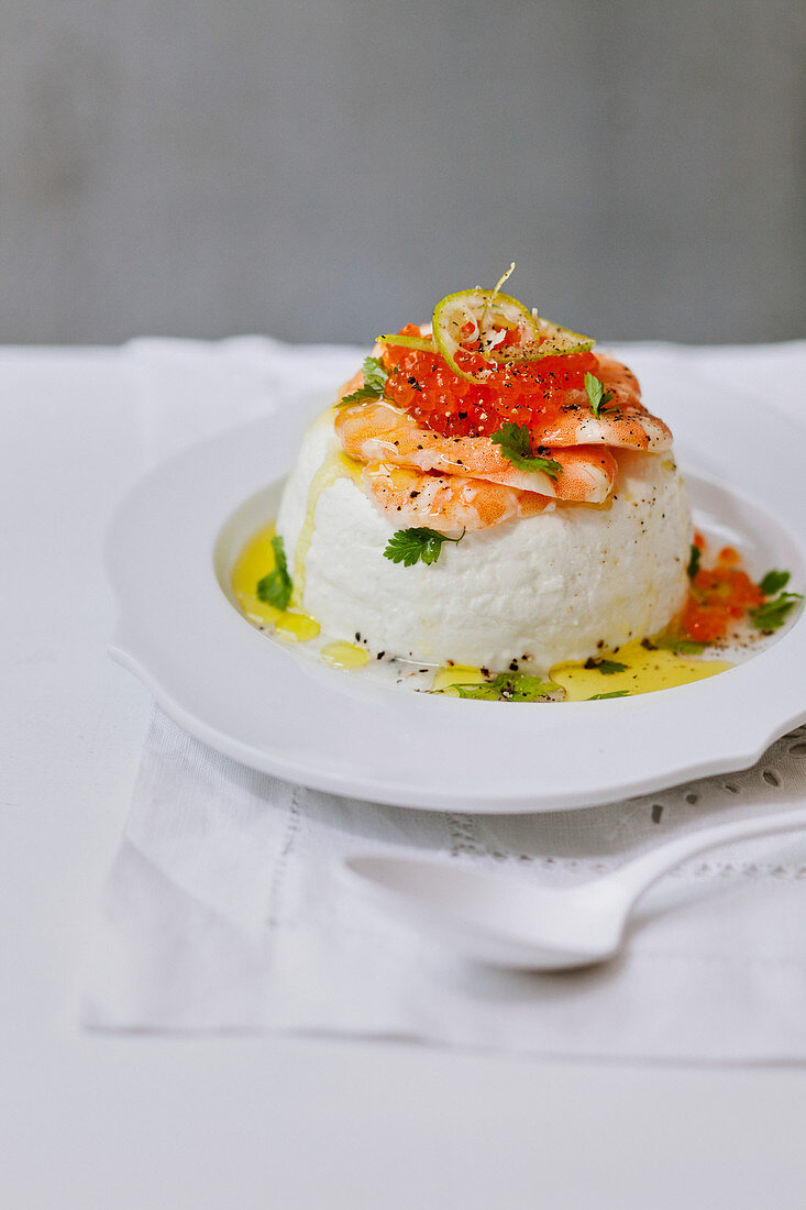Fromage frais garnished with shrimps,salmon roe and lime zests