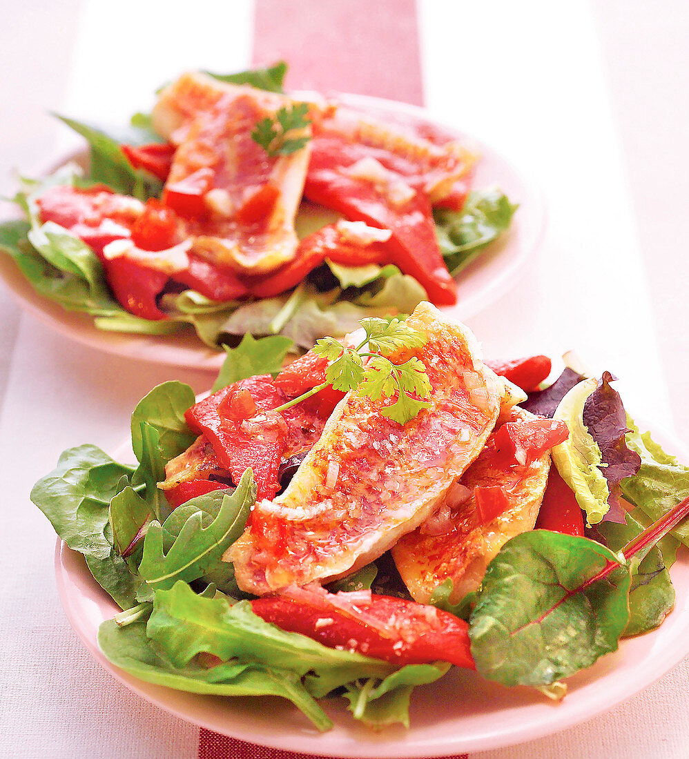 Mixed lettuce leaf and red mullet fillet salad