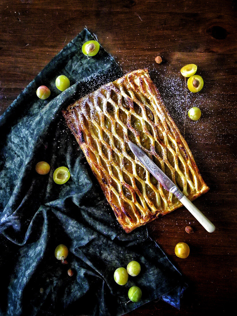 Grilled plum tart with a pastry lattice