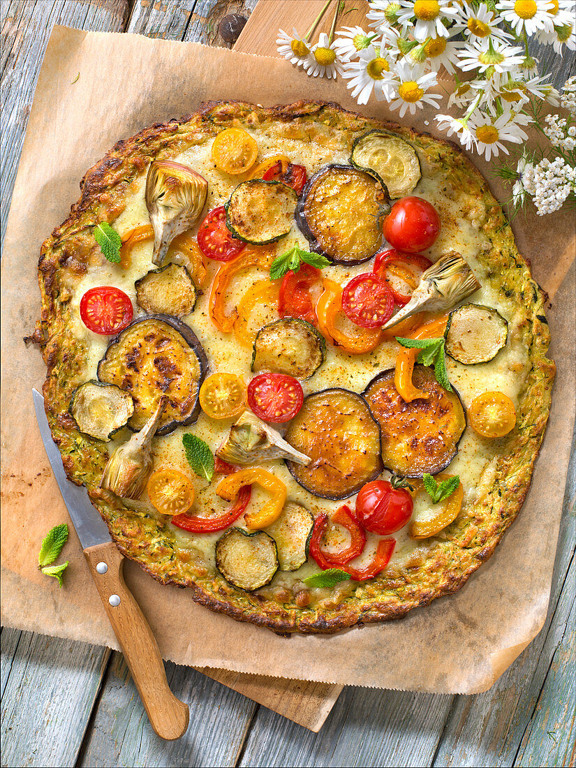 Gluten-Free Aubergine,Courgette,Tomato,Pepper And Artichoke Pizza