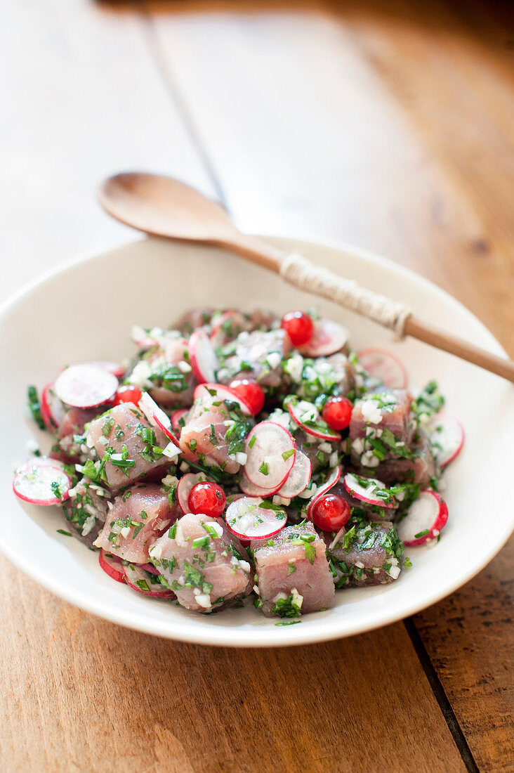 Raw tuna,radish,redcurrant,herb and spring onion salad