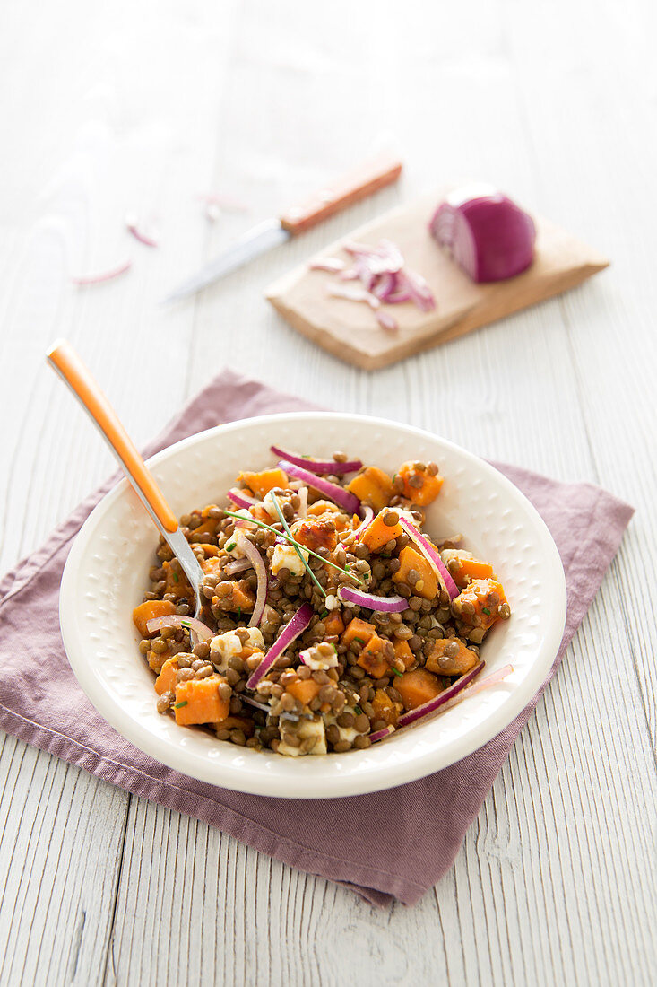 Lentil,Sweet Potato,Red Onion And Feta Salad