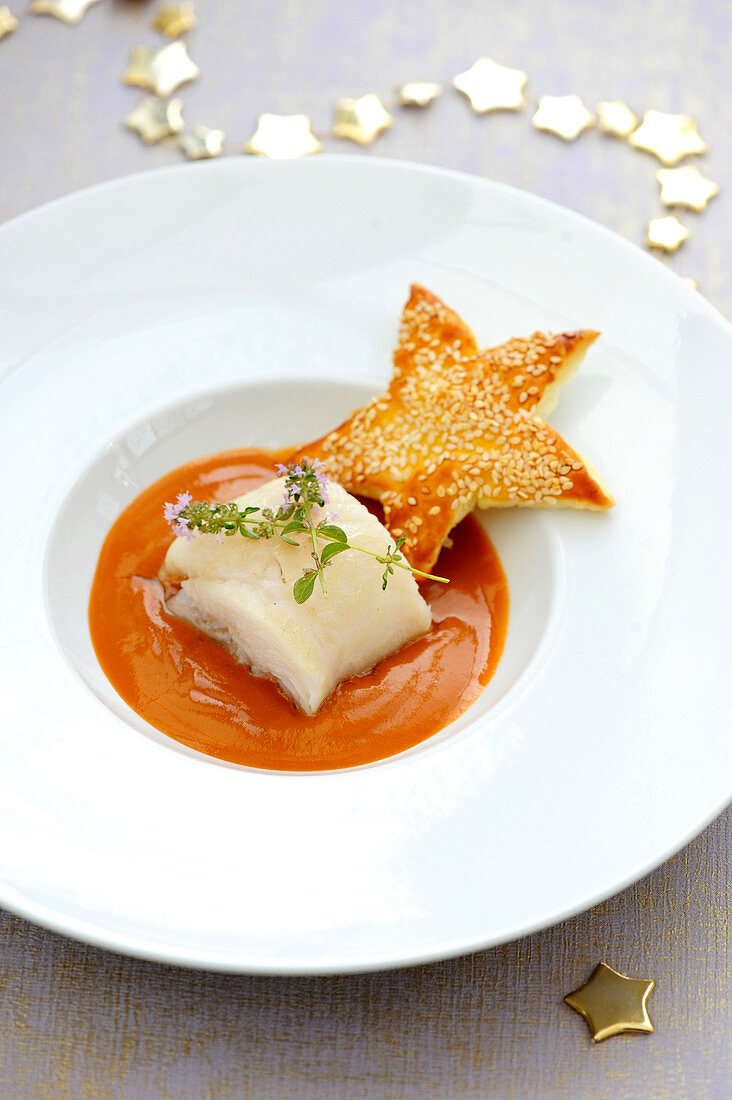 Turbot Fillet With Armoricane Sauce,Flaky Pastry Sesame Seed Stars