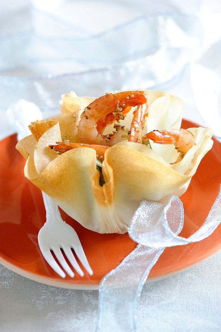 Crisp Tulip Garnished With Gambas And Sesame