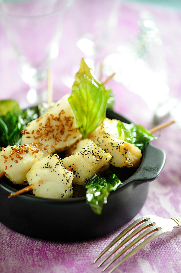 Monkfish And Fried Basil Brochettes With Sesame And Poppy Seeds