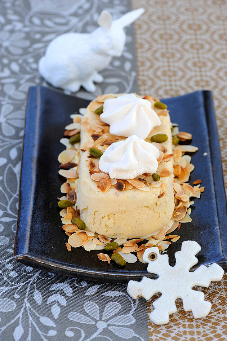 Nougat Ice Cream With Cointreau,Thinly Sliced Almonds And Pistachios