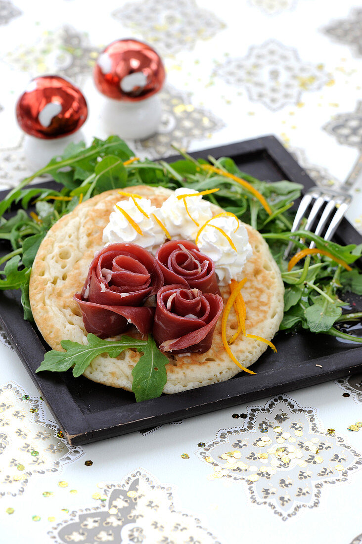Smoked duck blinis with orange mousse