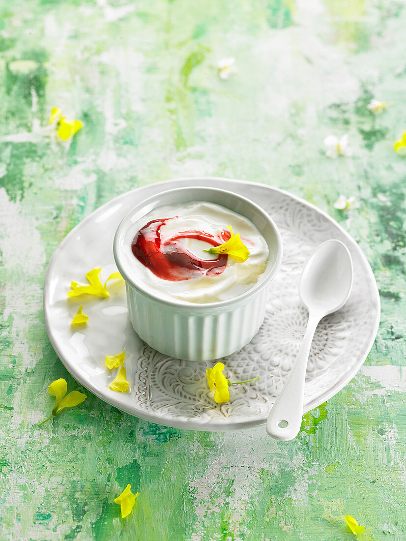 Homemade Greek Yoghurt With Honey And Raspberry Coulis