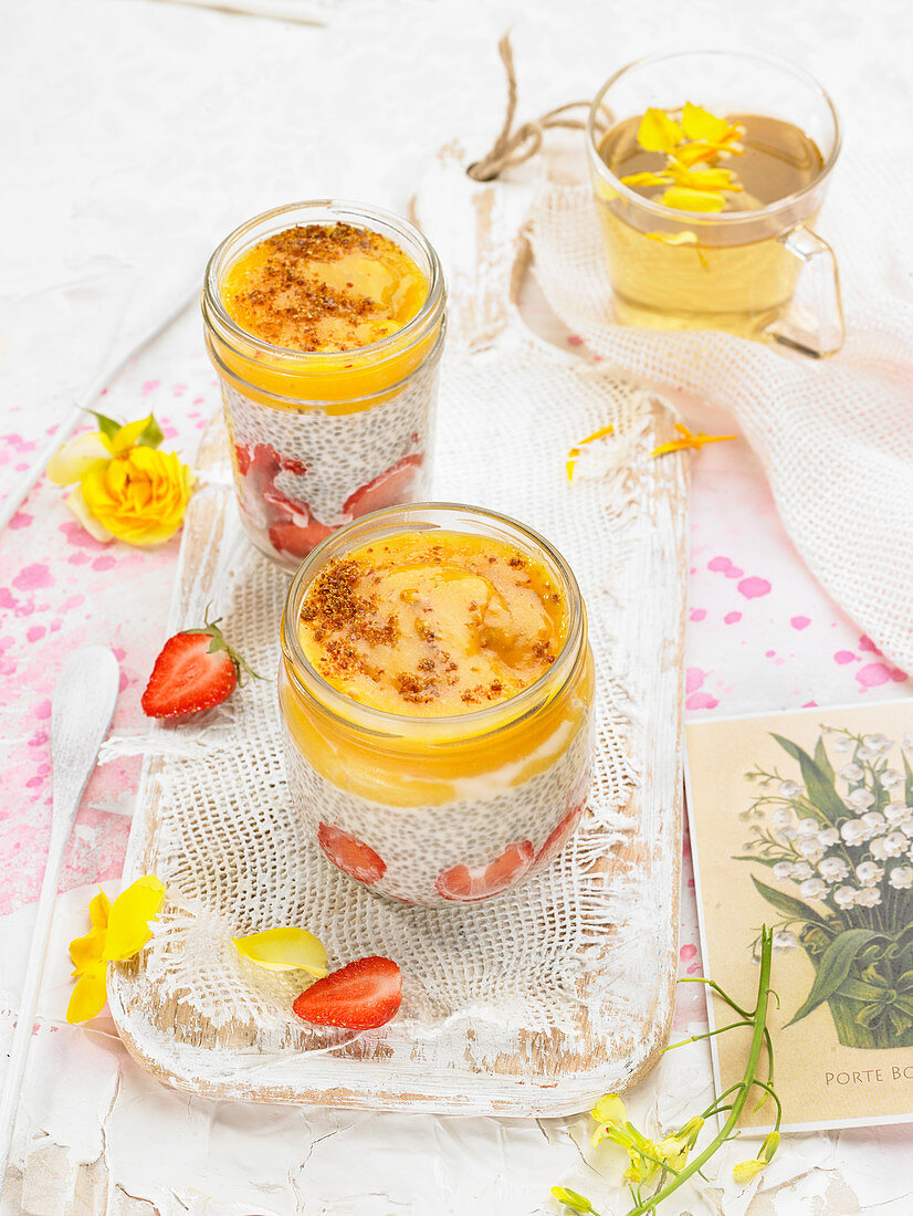 Coconut Milk With Chia Seeds And Linseeds,Strawberries And Mango Puddings