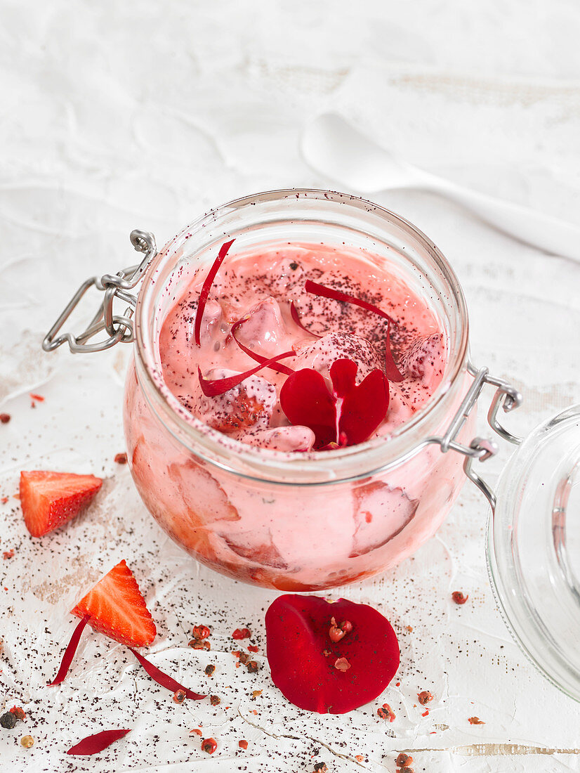 Yoghurt With Strawberries,Acai Berries,Rice Vinegar,Panela,Rose Petals And Pink Pepper