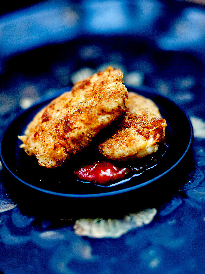 Hausgemachte Nuggets mit weißem Fisch und Barbecuesauce