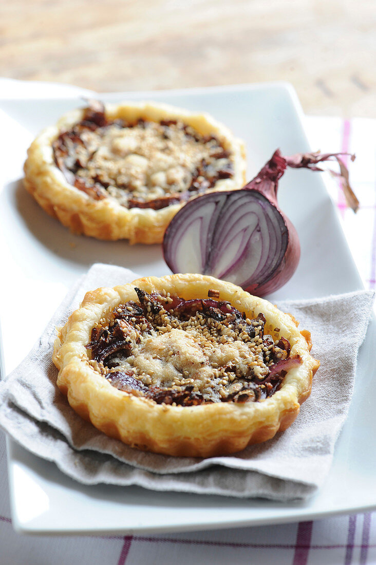 Red onion,parmesan and sesame tartlets