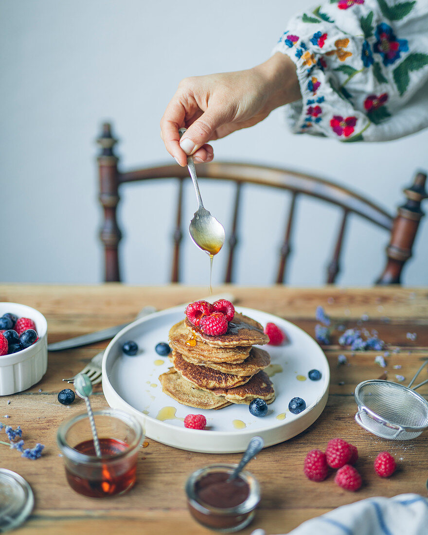 Stack of Pancakes with Maple Syrup with Berries