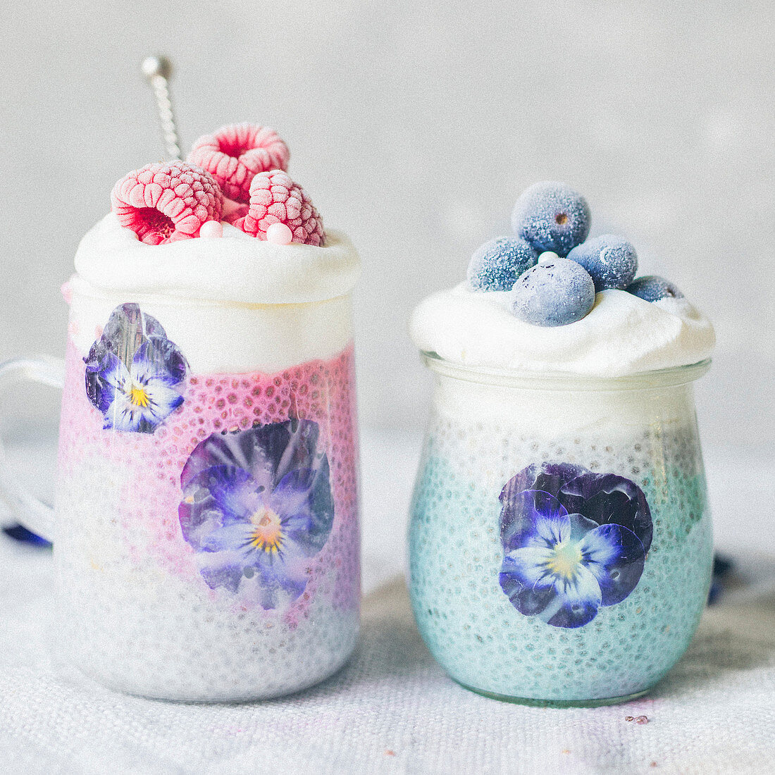 Chia seeds with coconut milk,flower,raspberry and blueberry desserts