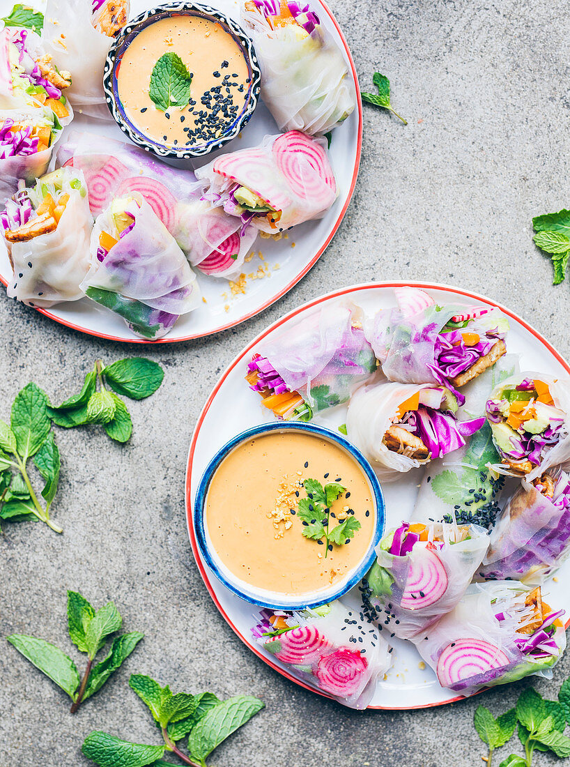 Rainbow rice galette rolls,cashew sauce