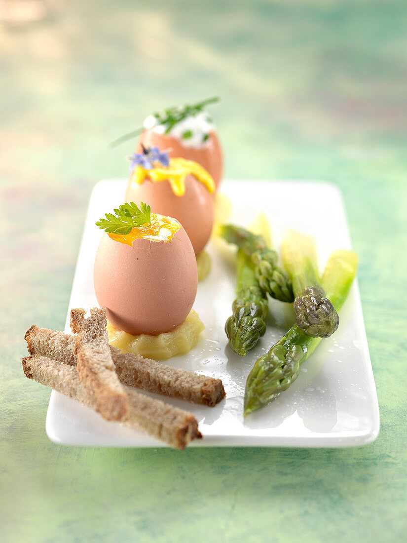 Weichgekochtes Ei, gebratener Spargel und gefüllte Eierschalen mit Sauce Hollandaise, Frischkäse und Schnittlauchsauce
