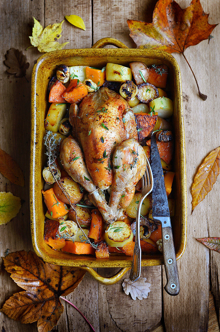 Roast chicken, mixed butternut, chestnuts, potatoes and herb onions