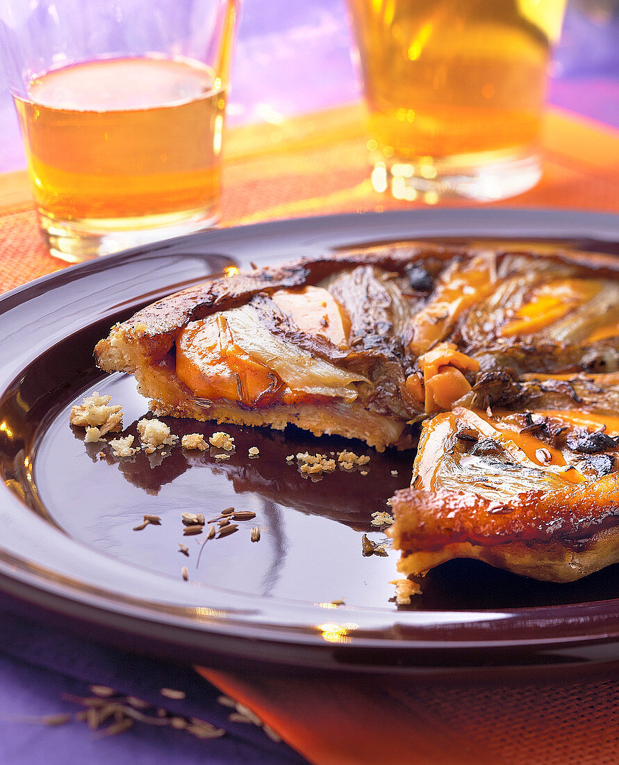 Chicory,pumpkin and cumin seed Tatin tart