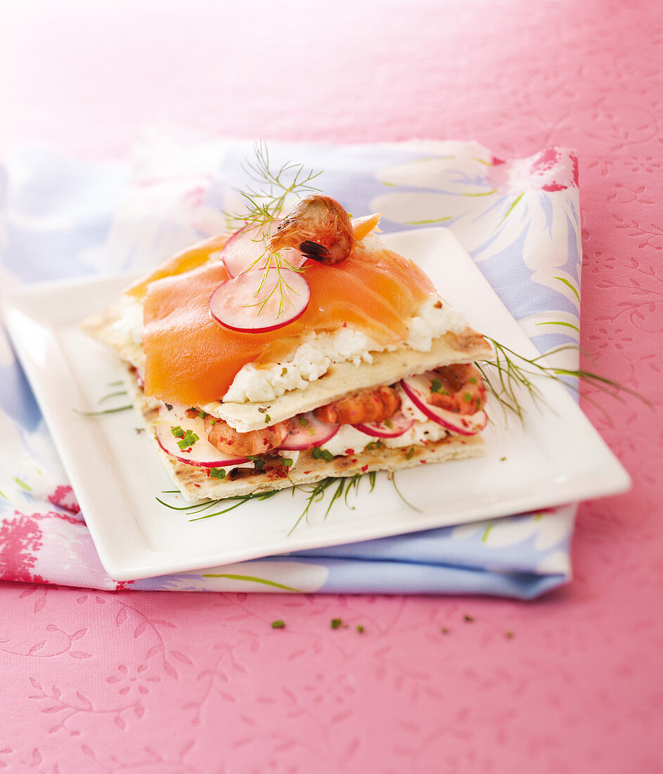 Shrimp,salmon,feta and radish sandwich
