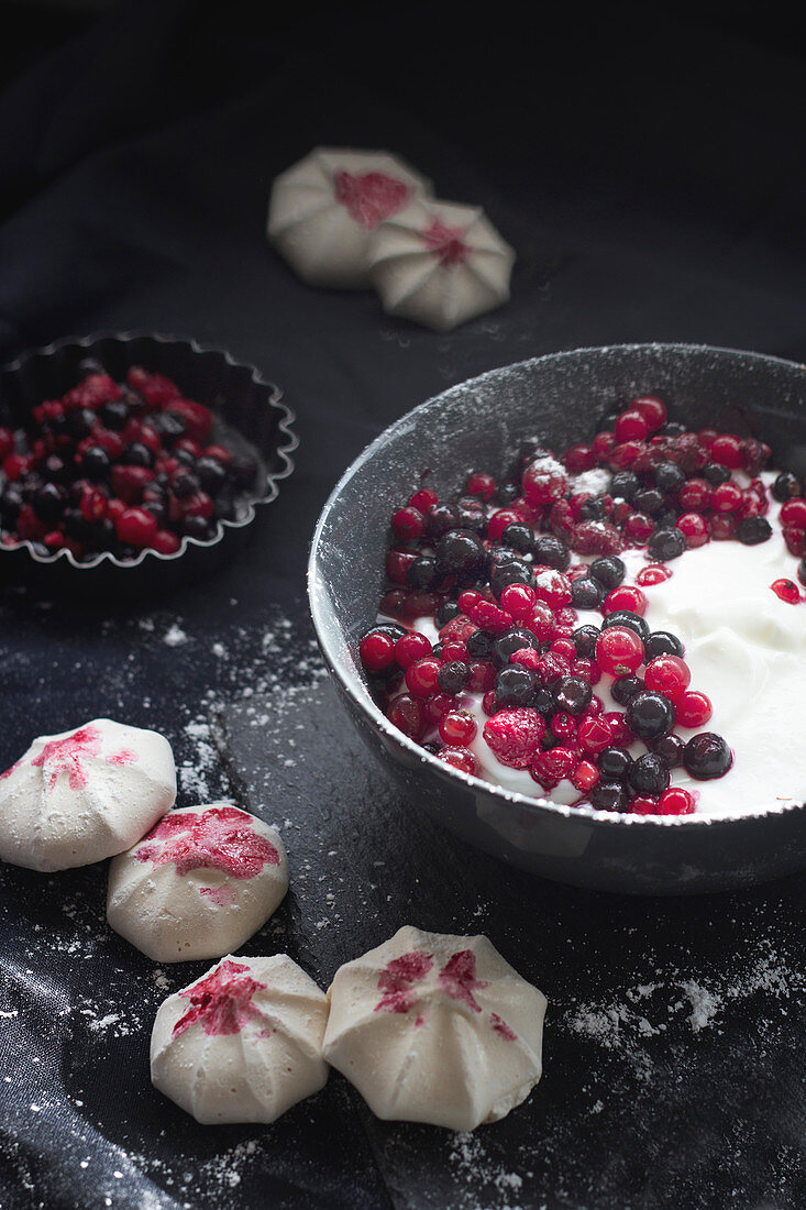 Fromage blanc with mixed berries and small meringues