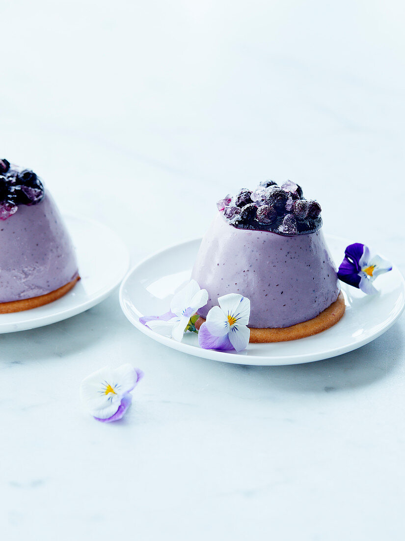 Blueberry Parfaits with pansies and sugar violets