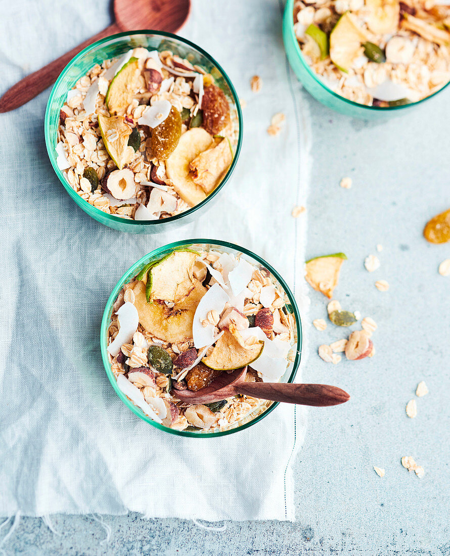 Muesli with hazelnuts, sultanas, coconut, banana and dried apple