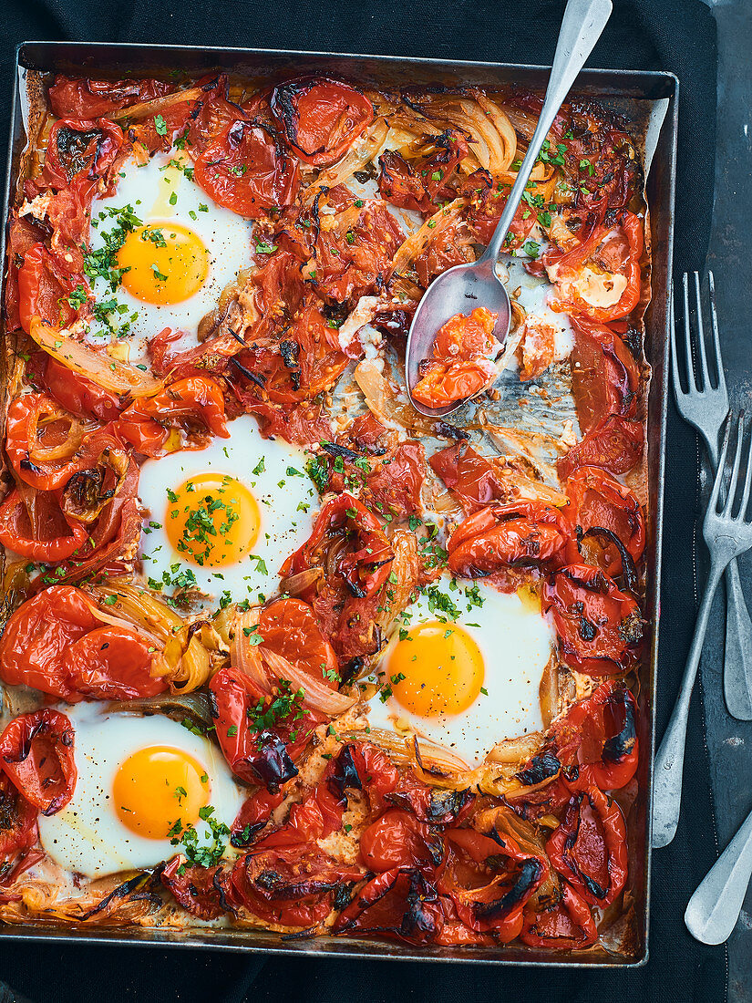 Chakchouka mit Paprika und Zwiebeln vom Blech