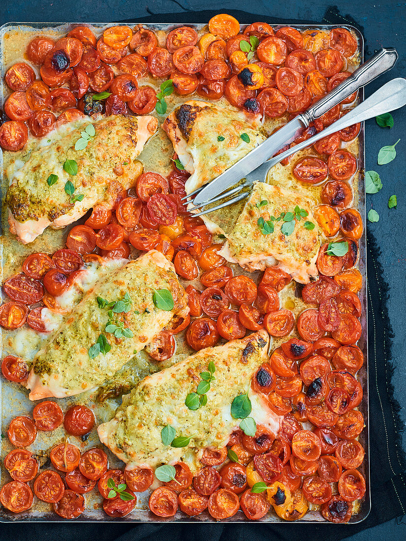 Baking tray: pesto chicken fillets au gratin with mozzarella and cherry tomatoes