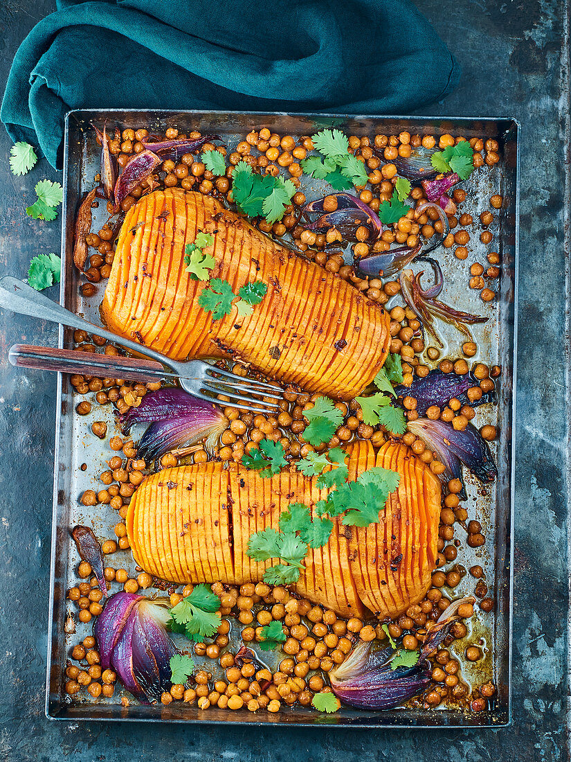 Oven baked butternut Indian style with chick peas