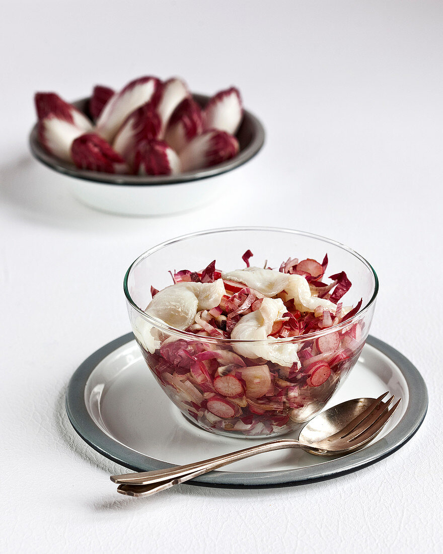 Red chicory,radish and whiting salad