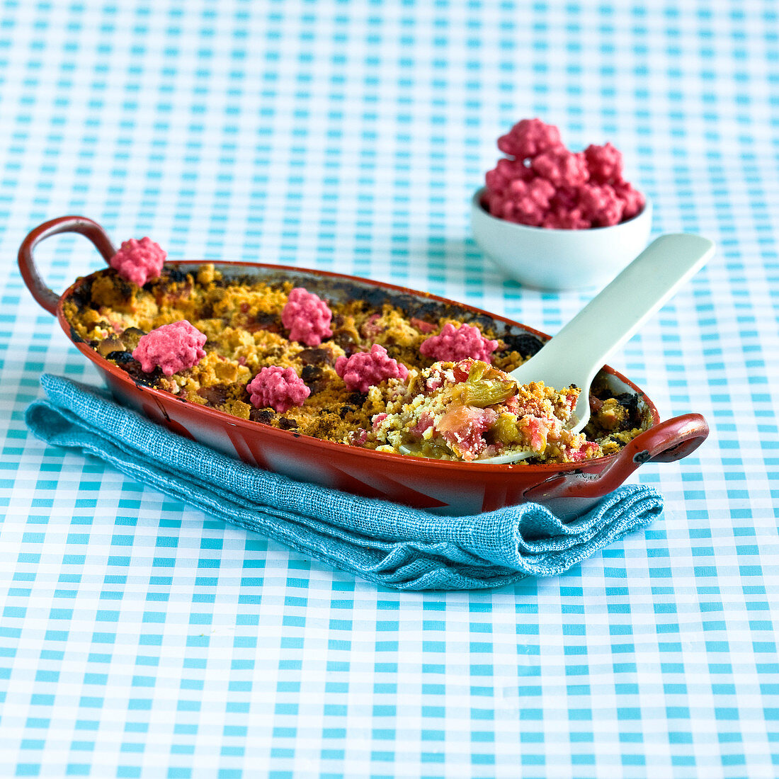 Rhubarb and pink praline crumble