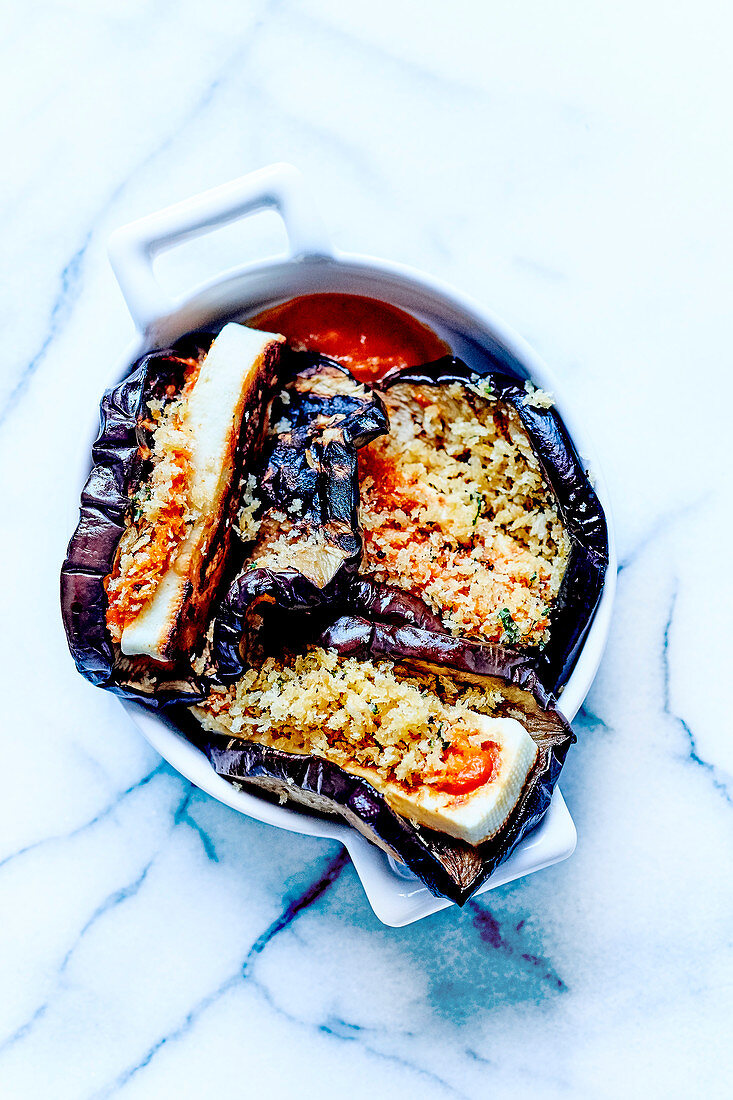 Confit eggplants with Hallumi cheese in breadcrumbs,tomato coulis