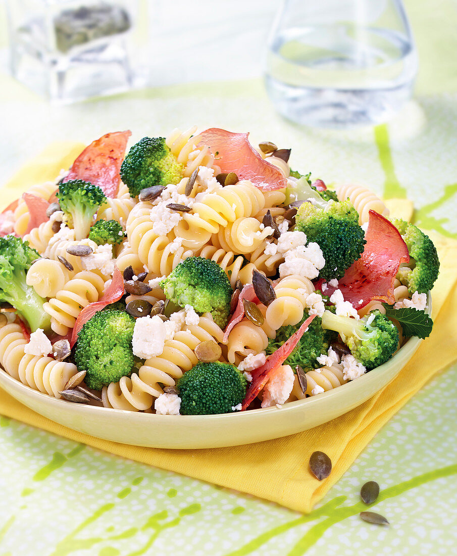 Fusilli with broccolis,bacon,seeds and flaked goat's cheese