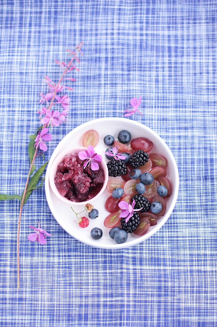 Obstsalat mit violetten Früchten und Granita aus roten Trauben