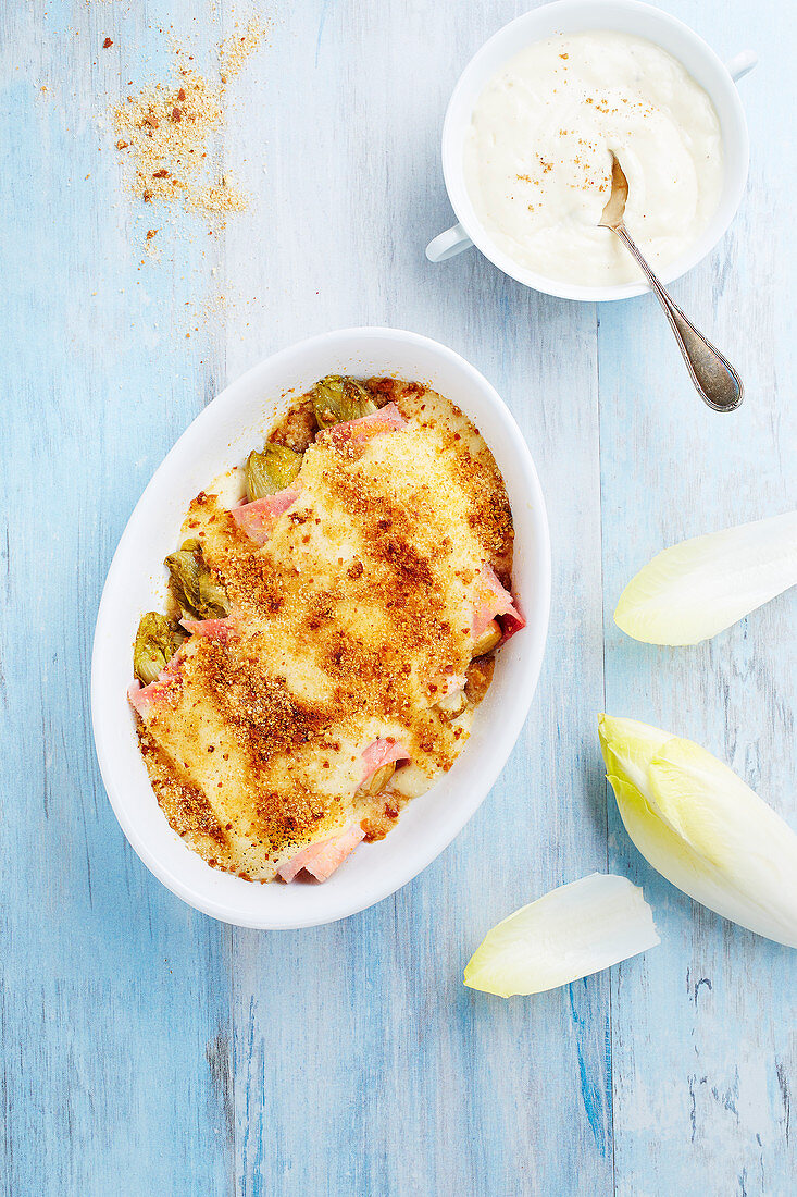 Endive gratin with ham, lactose and butter free