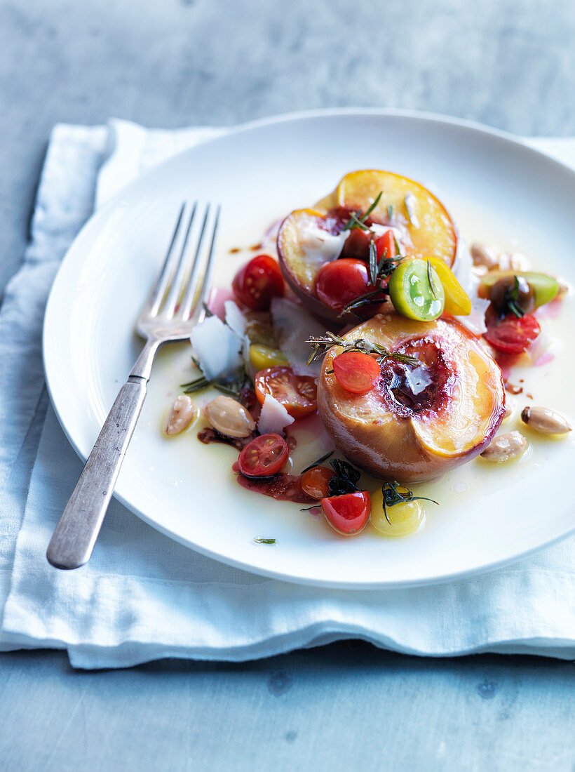 Multicolored Cherry Tomato Salad with Peaches, Almonds and Rosemary