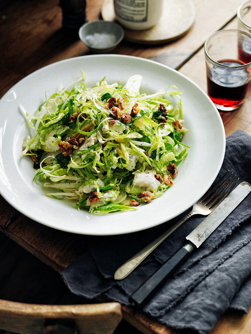 Shredded Brussels sprouts, walnuts and gorgonzola salad