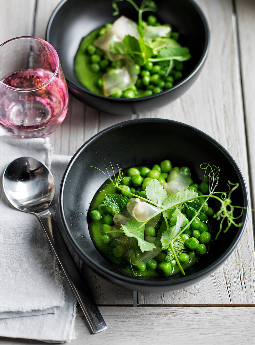 Peas with mint and Colonnata bacon roasted pod juice
