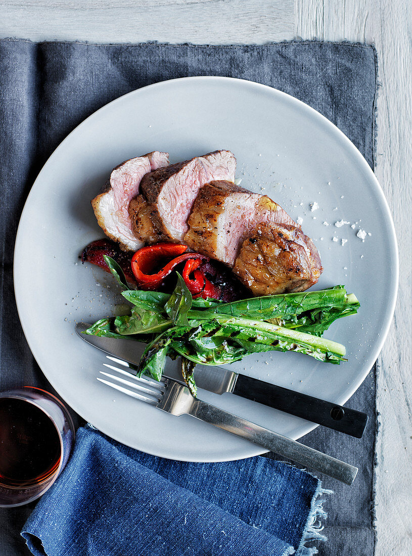 Grilled Lamb Rump with Roasted Peppers and Dandelion